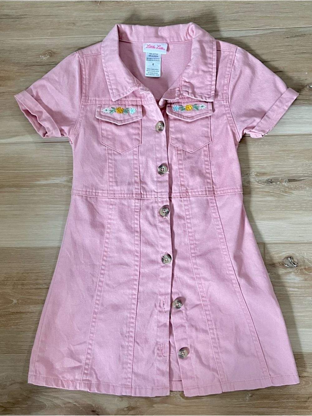 Little Lass Pink Short-Sleeve Button Front Dress with Floral Trim
